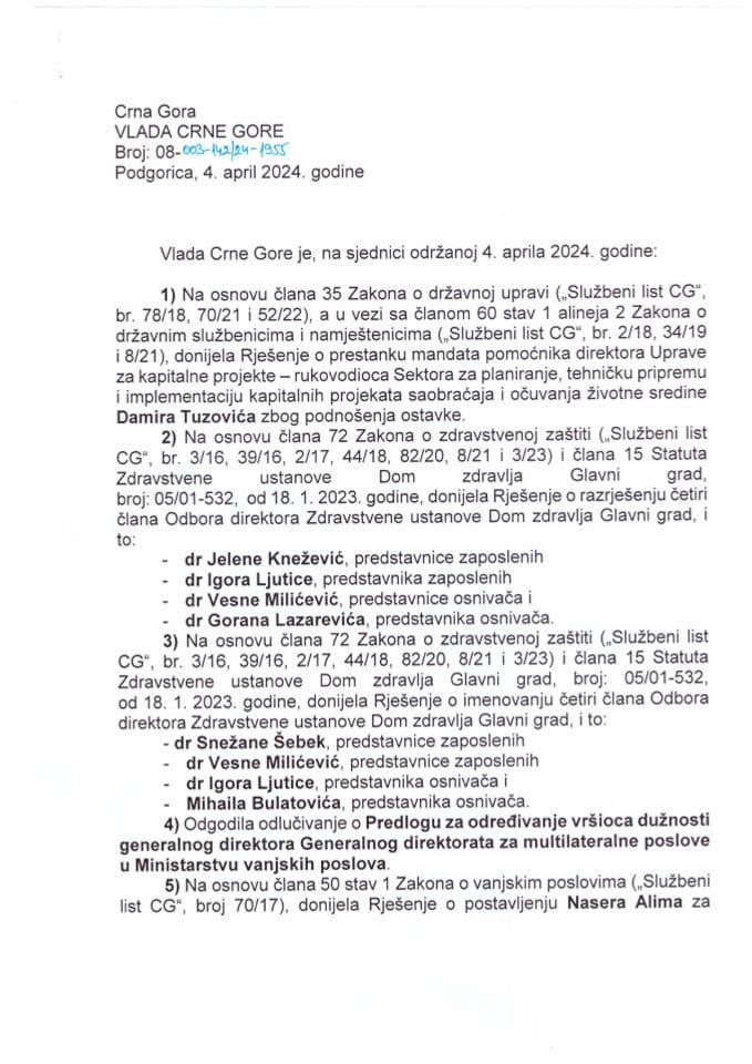 Kadrovska pitanja - 24. sjednica Vlade Crne Gore - zaklučci