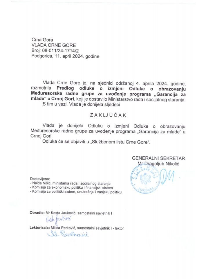 Predlog odluke o izmjeni Odluke o obrazovanju Međuresorske radne grupe za uvođenje programa „Garancija za mlade“ u Crnoj Gori - zaključci