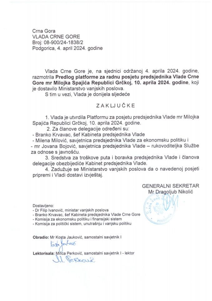 Predlog platforme za radnu posjetu predsjednika Vlade Crne Gore mr Milojka Spajića Republici Grčkoj, 10. aprila 2024. godine - zaključci