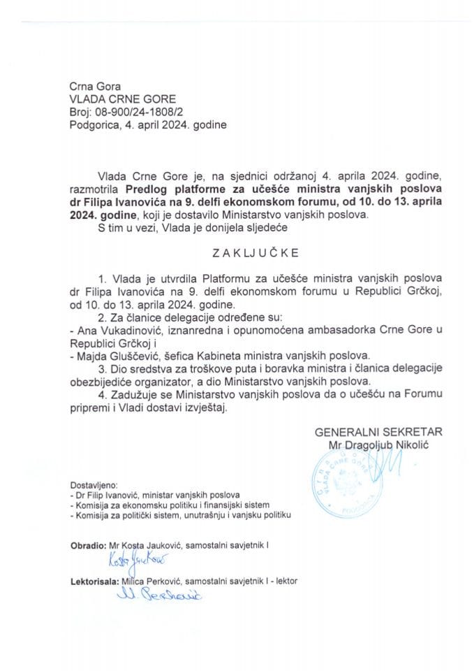 Predlog platforme za učešće ministra vanjskih poslova Filipa Ivanovića na 9. Delfi ekonomskom forumu, koji se održava u periodu od 10. do 13. aprila 2024. godine - zaključci