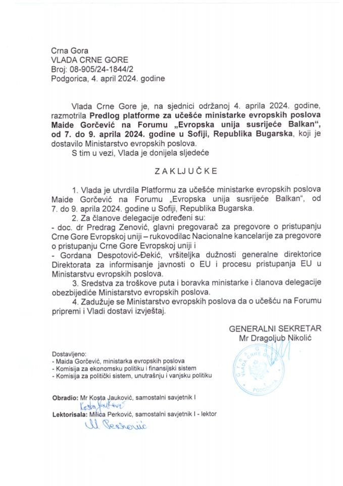 Predlog platforme za učešće ministarke evropskih poslova Maide Gorčević na Forumu „Evropska unija susreće Balkan“, koji će se održati 7-9. aprila 2024. godine, u Sofiji, Republika Bugarska - zaključci