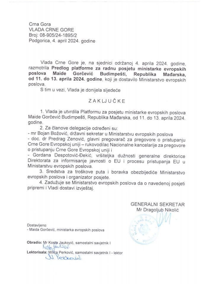 Predlog platforme za radnu posjetu ministarke evropskih poslova Maide Gorčević, Budimpešta, Republika Mađarska, 11-13. april 2024. godine - zaključci