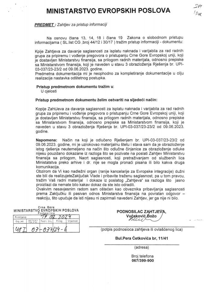 Obavještenje UPI 03-037/24-6/2 po zahtjevu za slobodan pristup informacijama Vučeković Boža od 19.02.2024. godine