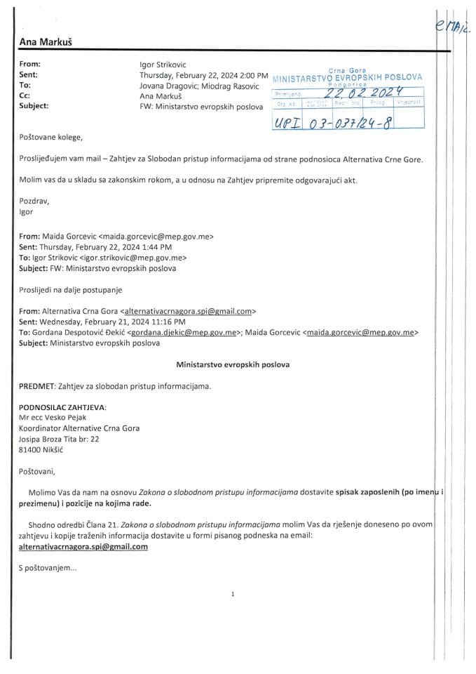 Обавјештење УПИ 03-037/24-8/2 по захтјеву за слободан приступ информацијама Пејак Веска од 22.02.2024. године