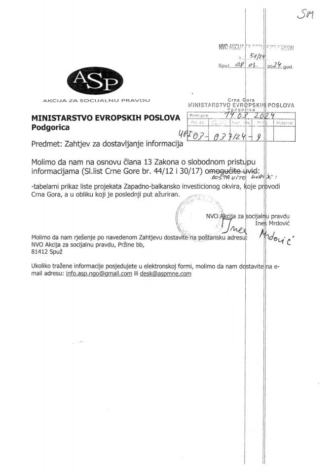 Обавјештење УПИ 03-037/24-9/2 по захтјеву за слободан приступ информацијама НВО АСП од 14.03.2024. године