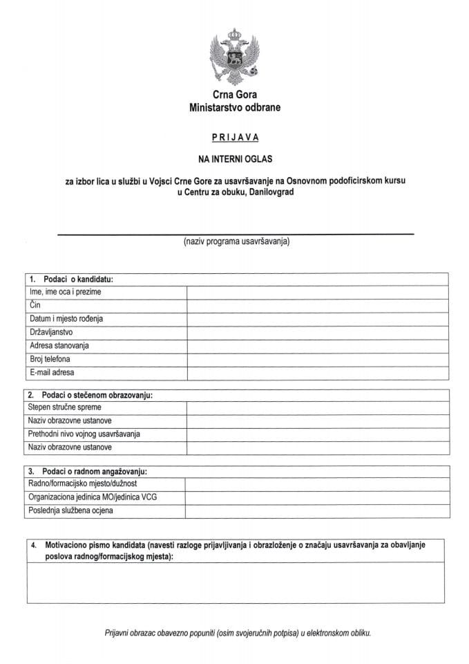 Prijavni formular Osnovni podoficirirski kurs 2024