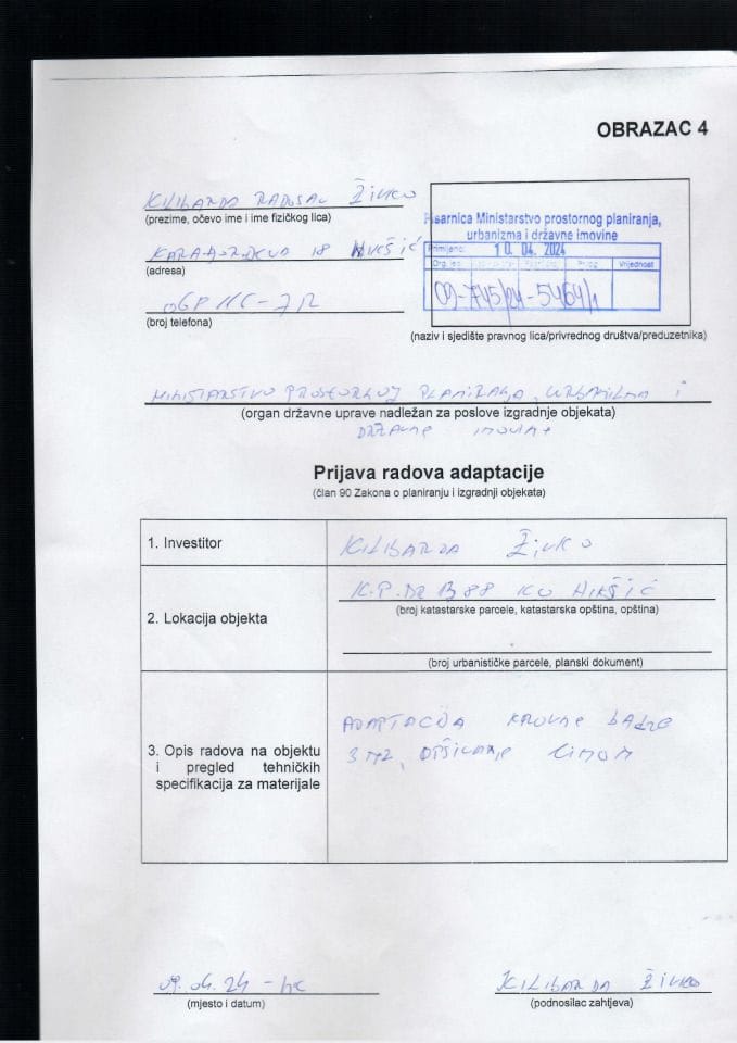 Prijava radova adaptacije - 09-745-24-5446-1 kilibarda zivko