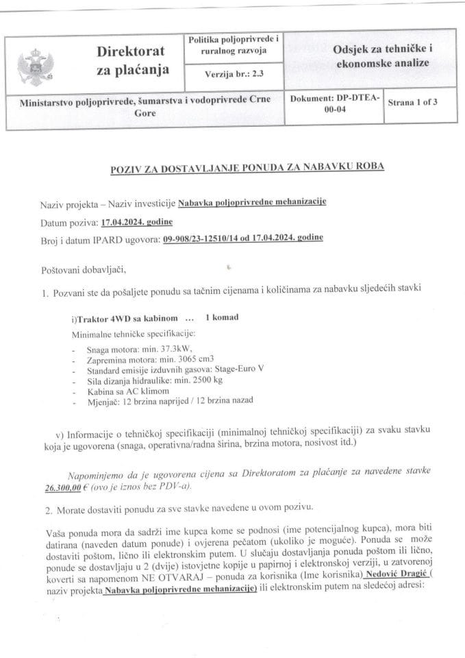 Poziv za dostavljanje ponuda - Nedović Dragić