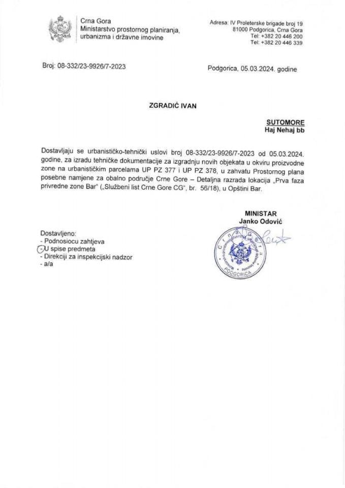 Izdati urbanističko-tehnički uslovi - 08-332-23-9926-7-2023 ZGRADIĆ IVAN