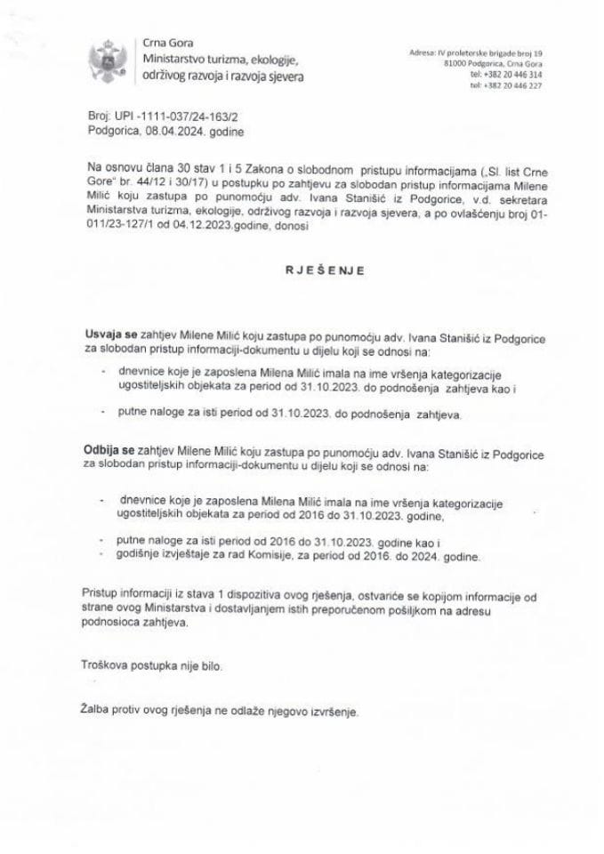 Rješenje - Slobodan pristup informacijama - UPI 1111-037-24-163-2 Milena Milić