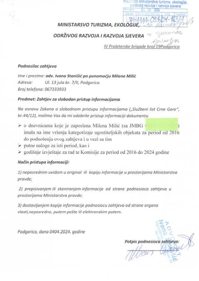 Zahtjev - Slobodan pristup informacijama - UPI 1111-037-24-163-1 Milena Milić