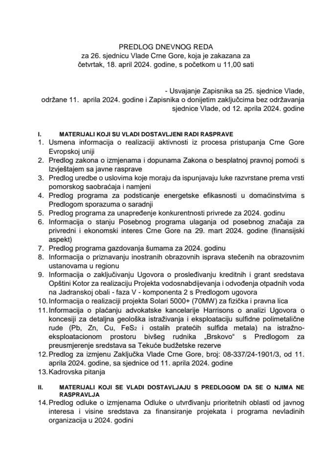 Predlog dnevnog reda za 26. sjednicu Vlade Crne Gore