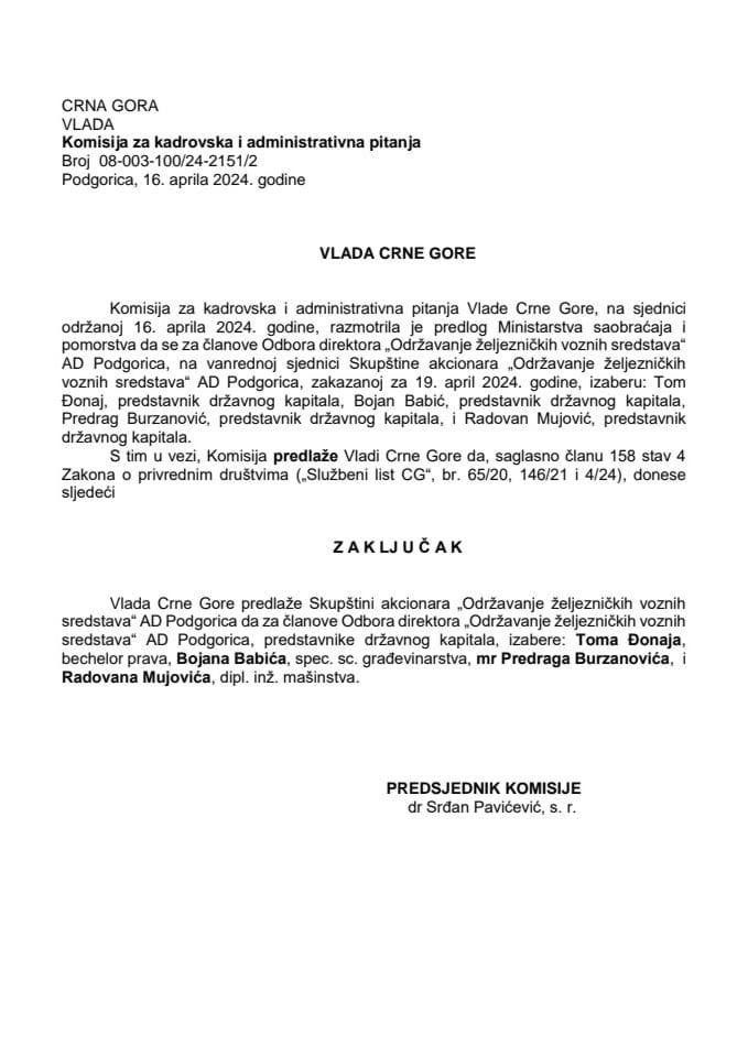 Predlog za izbor članova Odbora direktora „Održavanje željezničkih voznih sredstava“ AD - Podgorica