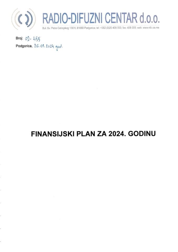 Predlog finansijskog plana „Radio-difuznog centra“ d.o.o. Podgorica za 2024. godinu (bez rasprave)