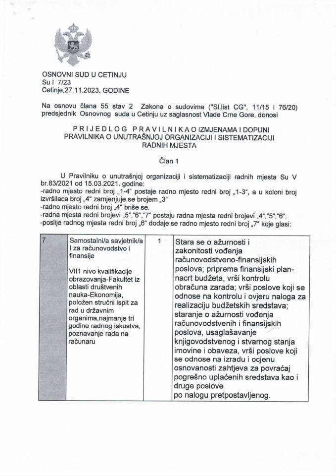 Predlog pravilnika o izmjenama i dopuni Pravilnika o unutrašnjoj organizaciji i sistematizaciji Osnovnog suda u Cetinju (bez rasprave)