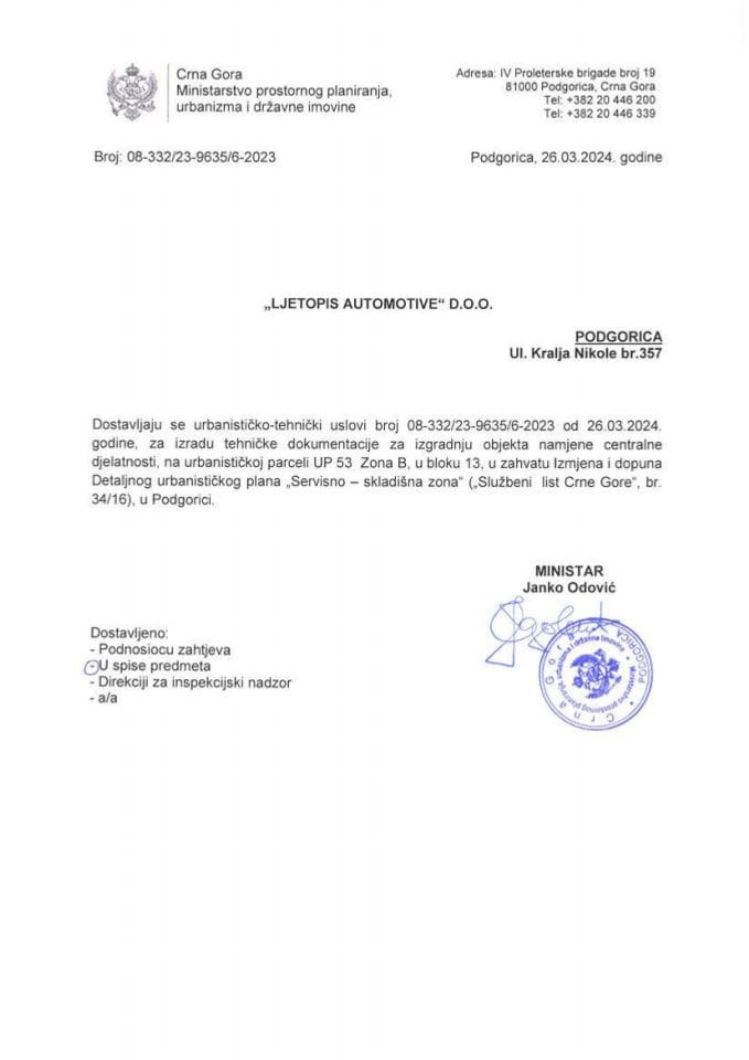 Izdati urbanističko-tehnički uslovi - 08-332-23-9635-6-2023 LJETOPIS AUTOMOTIVE D.O.O.