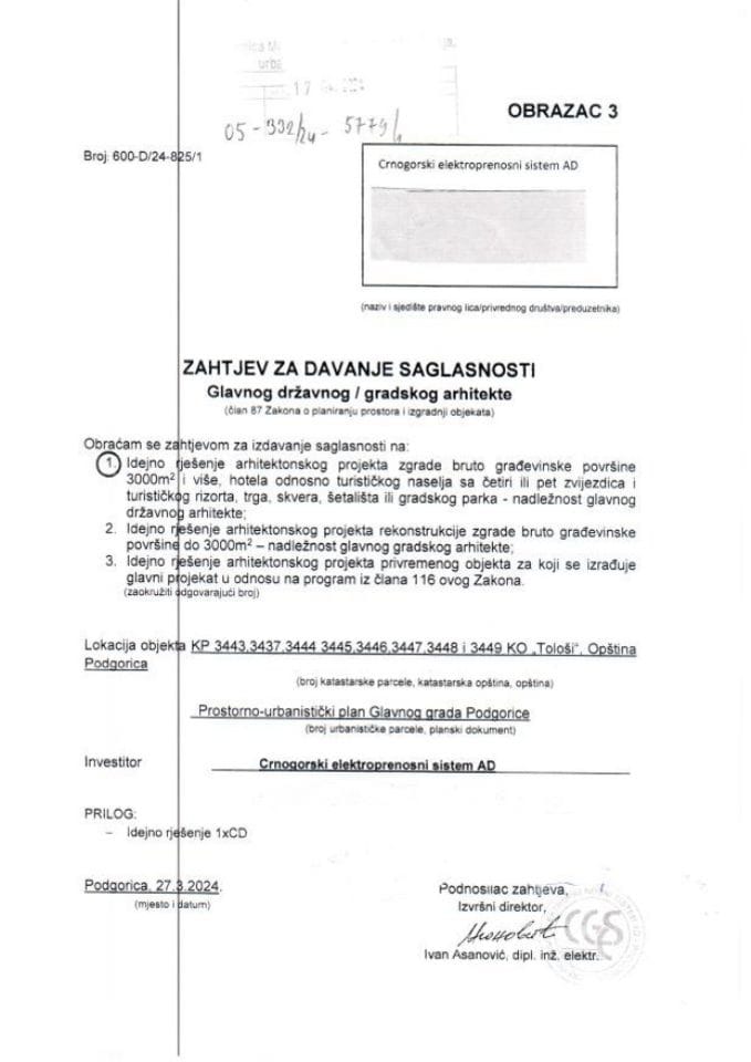 Zahtjevi investitora za davanje saglasnosti glavnog državnog arhitekte - 17.04.2024 Zahtjev -CRNOGORSKI ELEKTROPRENOSNI SISTEM AD, Podgorica -Glavni grad Podgorica