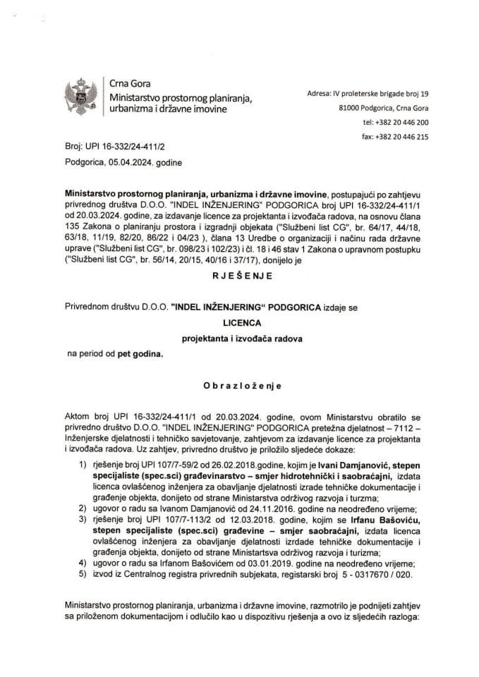 Licence projektanata i izvođača radova - UPI 16-332-24-411-2 DOO INDEL INŽENJERING