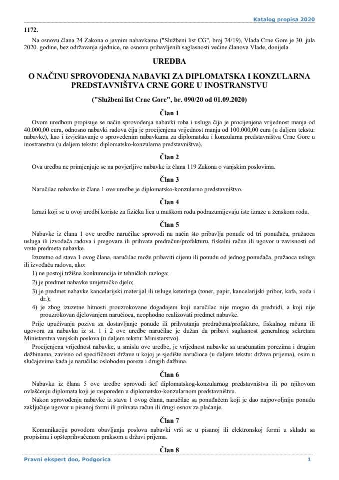 Уредба о начину спровођења набавки за дипломатска и конзуларна представништва Црне Горе у иностранству ("Службени лист Црне Горе", број: 90/20 од 01. септембра 2020. године)