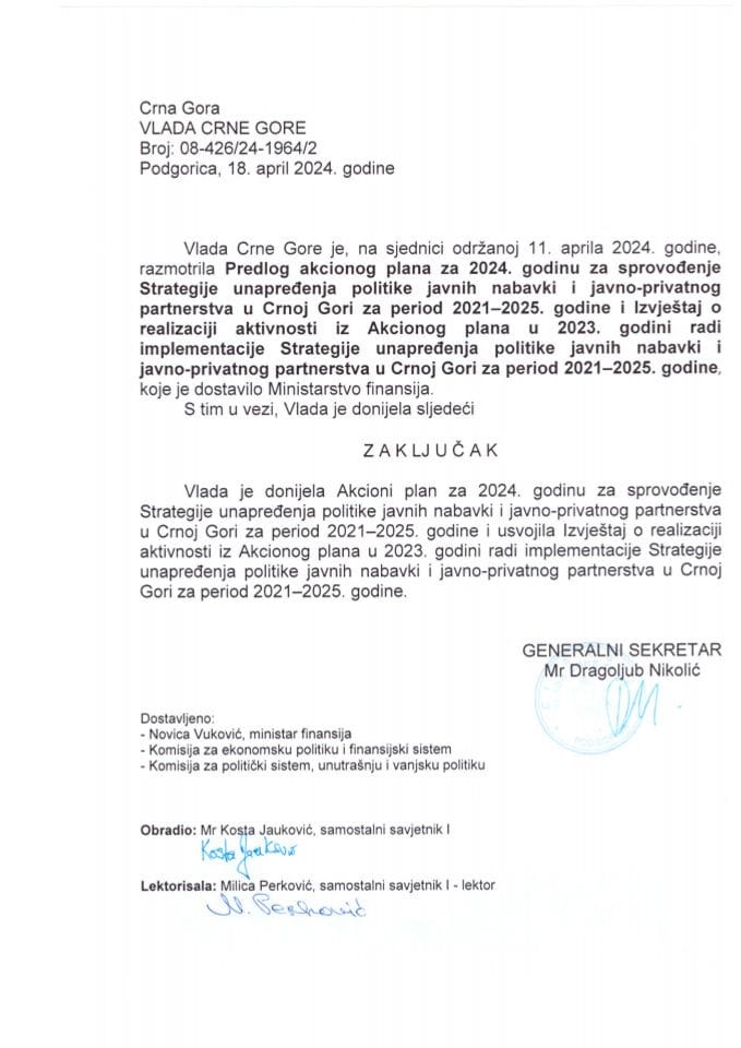 Предлог акционог плана за 2024. годину за спровођење Стратегије унапређења политике јавних набавки и јавно-приватног партнерства у Црној Гори за период 2021-2025. године - закључци