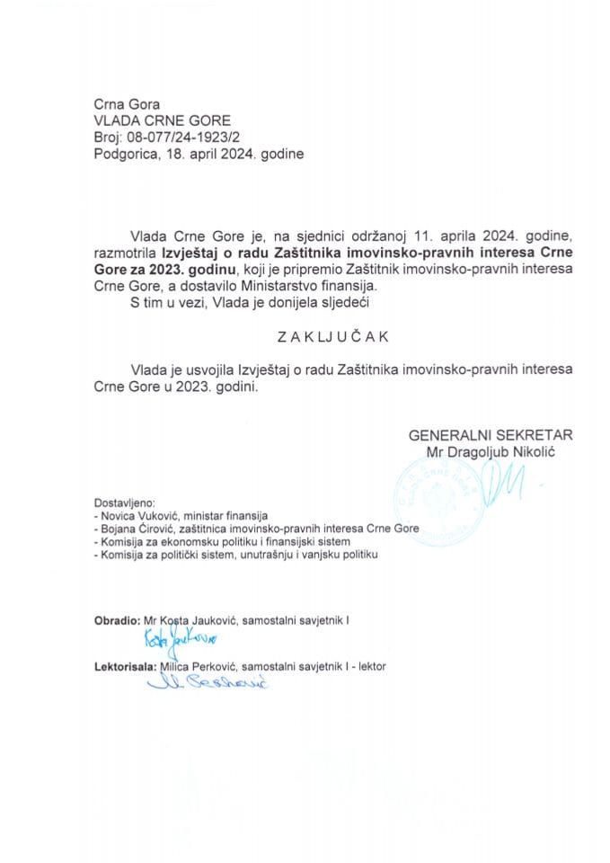 Извјештај о раду Заштитника имовинско - правних интереса Црне Горе за 2023. годину - закључци