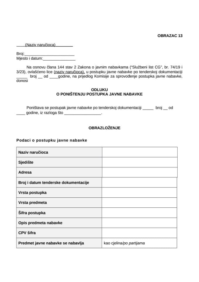 Одлука о поништењу поступка јавне набавке - Образа 13