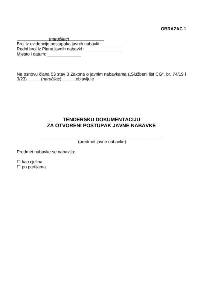Tenderska dokumentacija za otvoreni postupak javne nabavke - Obrazac 1