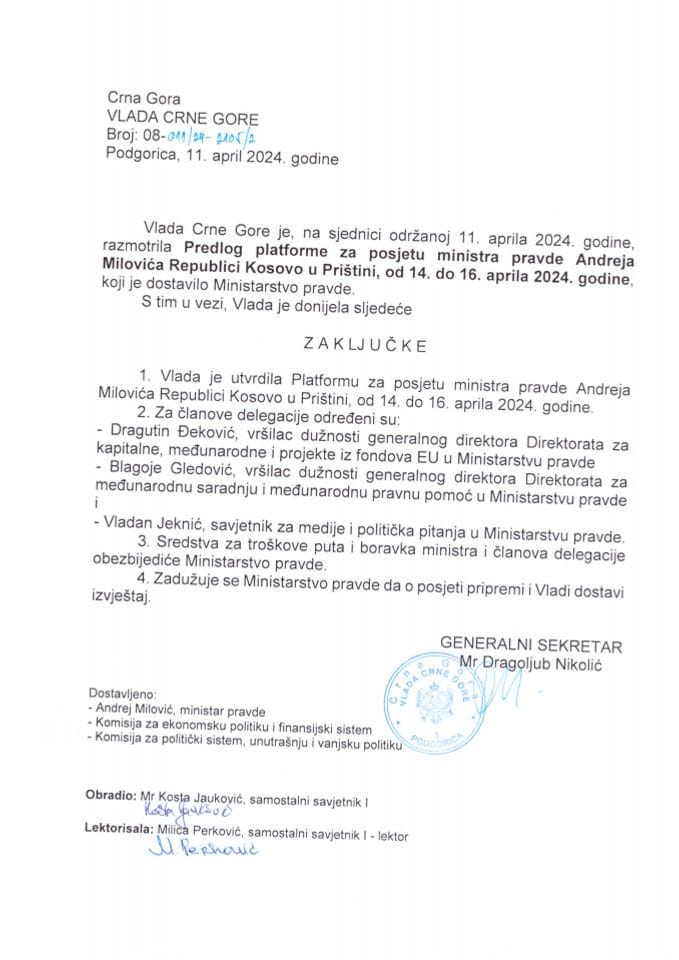 Предлог платформе за посјету министра правде Црне Горе Андреја Миловића Републици Косово - Приштина, у периоду 14 – 16. април 2024. године - закључци