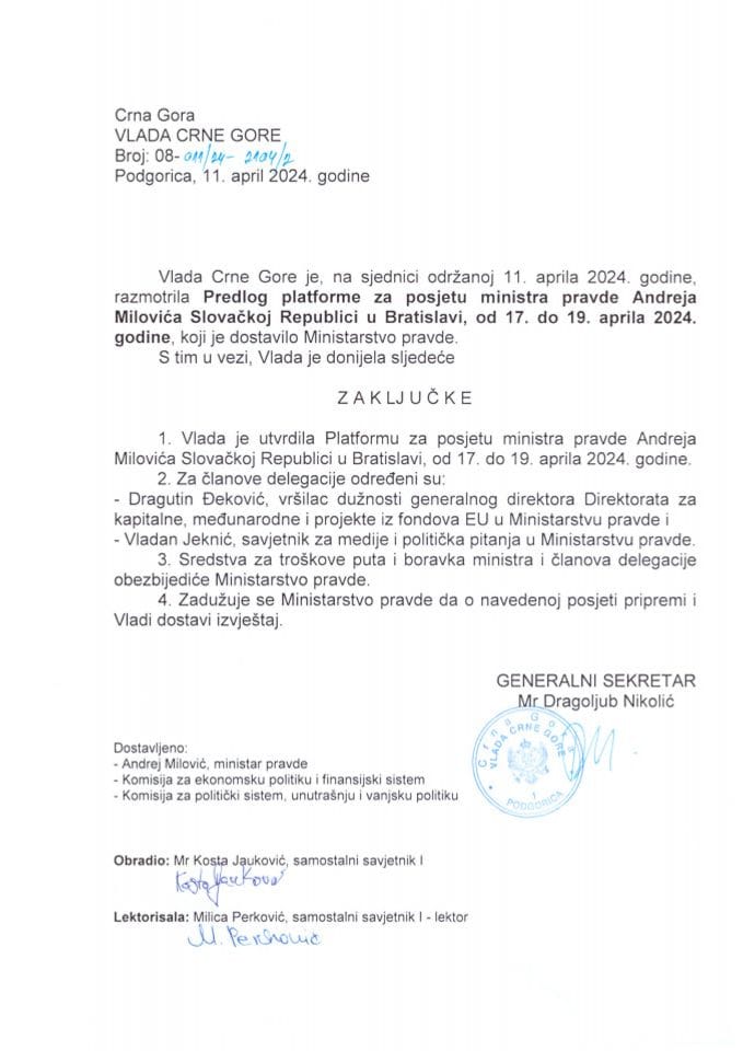 Predlog platforme za posjetu ministra pravde Andreja Milovića Slovačkoj Republici – Bratislava, u periodu 17 - 19. april 2024. godine - zaključci