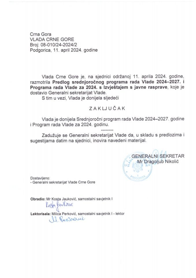 Predlog srednjoročnog programa rada Vlade Crne Gore 2024-2027 i Programa rada Vlade za 2024. s Izvještajem sa javne rasprave - zaključci