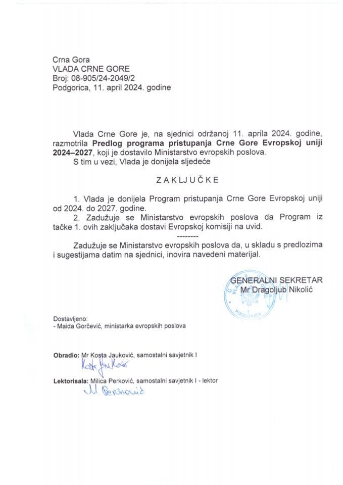 Predlog programa pristupanja Crne Gore Evropskoj uniji 2024-2027 - zaključci