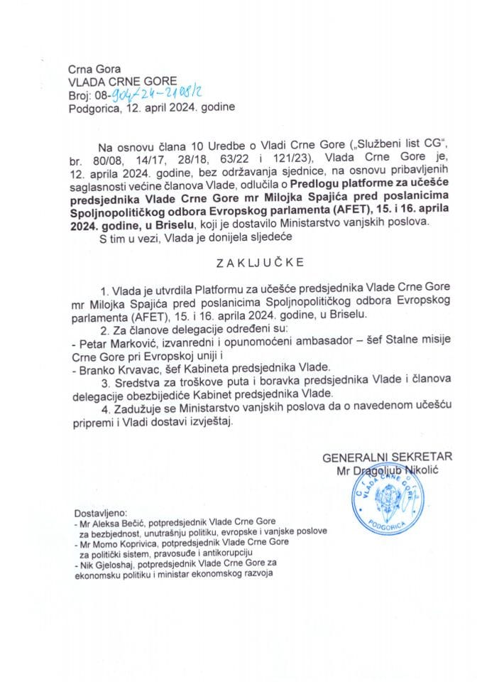 Predlog platforma za učešće predsjednika Vlade Crne Gore mr Milojka Spajića pred poslanicima Spoljnopolitičkog odbora Evropskog parlamenta (AFET), 15-16. april 2024. godine, Brisel - zaključci