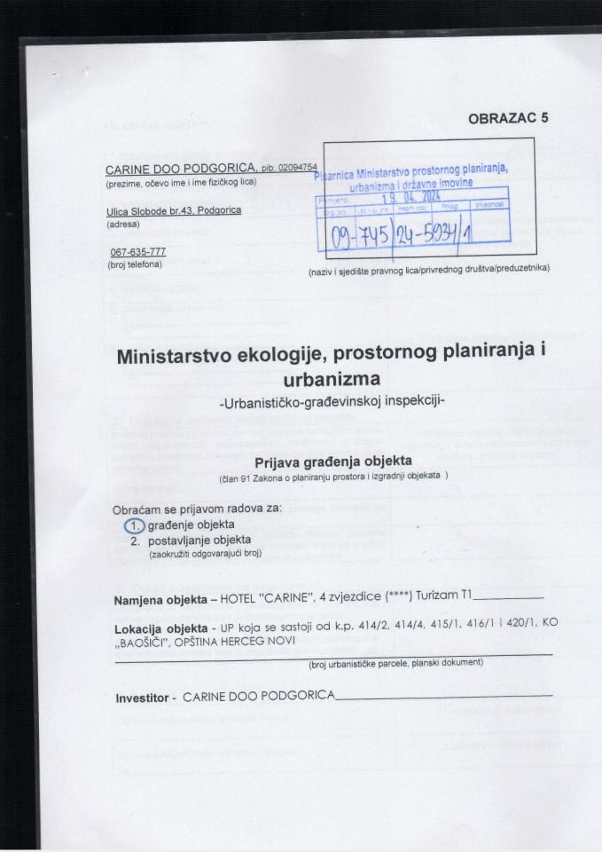 Prijava građenja objekta - 09-745-24-5934-1 carine doo