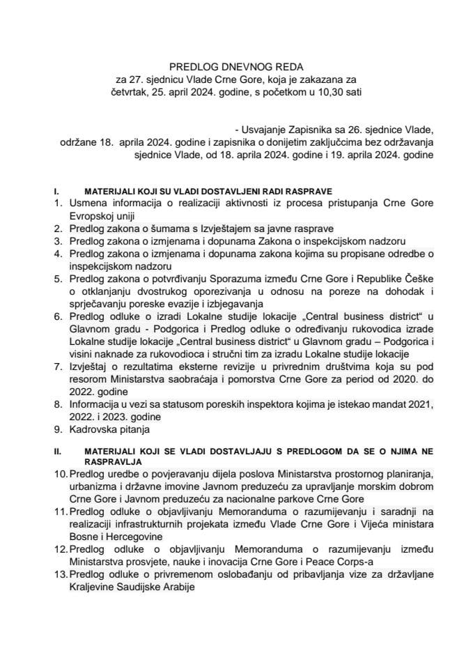 Предлог дневног реда за 27. сједницу Владе Црне Горе