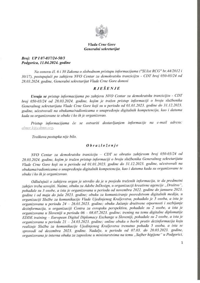 Informacija kojoj je pristup odobren po zahtjevu Centra za demokratsku tranziciju - CDT od 28.03.2024. godine – UPI 07-037/24-50/3
