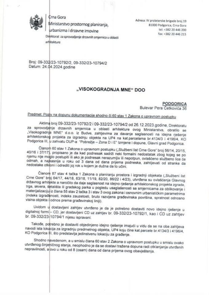 Obavještenja - Saglasnosti glavnog državnog arhitekte - 24.04.2024 Obavještenje -VISOKOGRADNJA MNE DOO, Podgorica -Glavni grad Podgorica