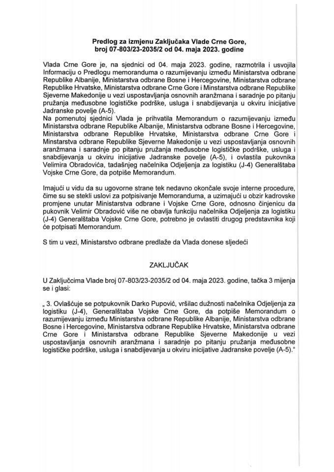 Predlog za izmjenu Zaključaka Vlade Crne Gore, broj 07-803/23-2035/2, od 4. maja 2023. godine