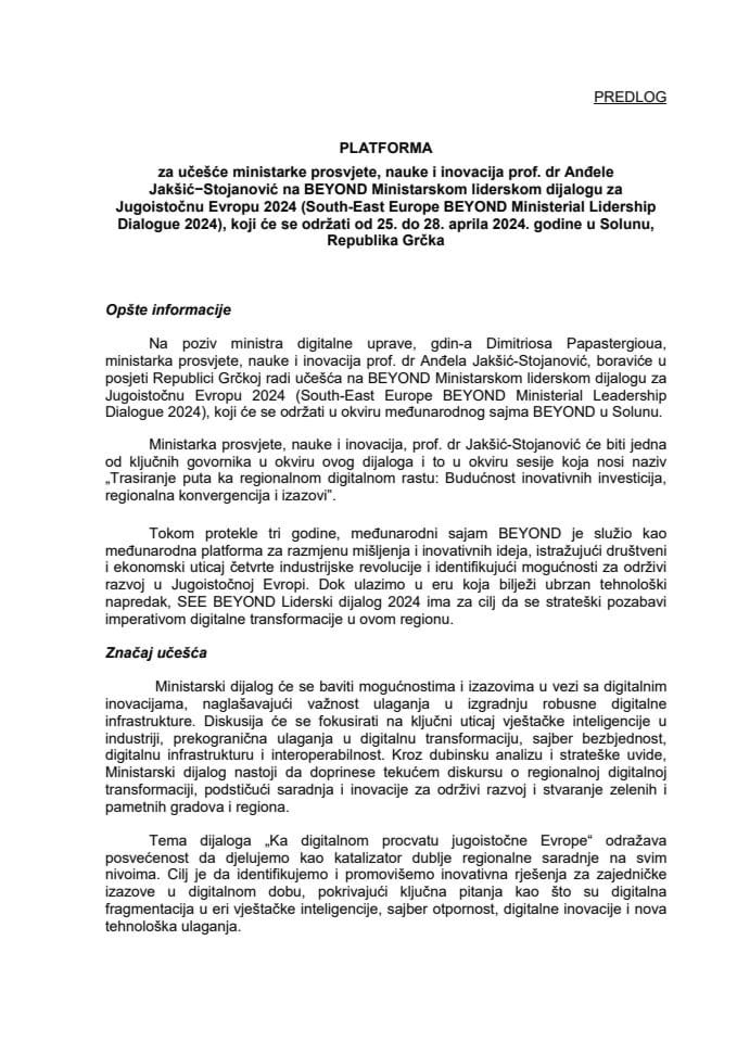 Predlog platforme za učešće ministarke Jakšić−Stojanović na BEYOND Ministarskom liderskom dijalogu za Jugoistočnu Evropu 2024