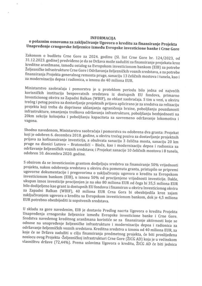 Informacija o polaznim osnovama za zaključivanje Ugovora o kreditu za finansiranje Projekta Unapređenje crnogorske željeznice između Evropske investicone banke i Crne Gore s Nacrtom ugovora o kreditu