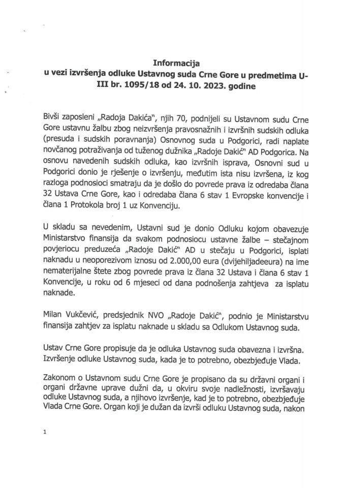 Informacija u vezi izvršenja odluke Ustavnog suda Crne Gore u predmetima U-III br. 1095/18 i dr. od 24.10.2023. godine