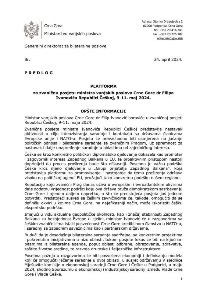 Predlog platforme za zvaničnu posjetu ministra vanjskih poslova Crne Gore dr Filipa Ivanovića Republici Češkoj, 9-11. maj 2024. godine