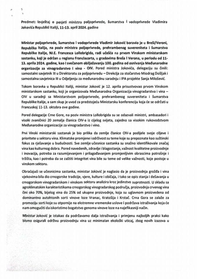 Izvještaj o posjeti ministra poljoprivrede, šumarstva i vodoprivrede Vladimira Jokovića Republici Italiji, 11-13. april 2024. godine