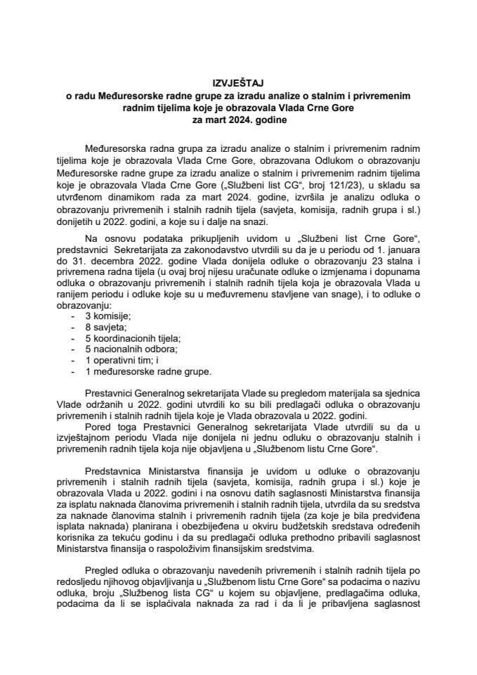 Извјештај о раду Међуресорске радне групе за израду анализе о сталним и привременим радним тијелима које је образовала Влада Црне Горе, за март 2024. године