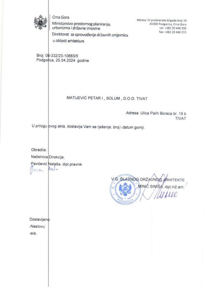 Rješenja glavnog državnog arhitekte - 25.04.2024 Rješenje -Petar Matijević i SOLUM DOO, Tivat -Opština Tivat