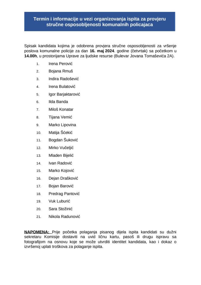Списак кандидата 16.мај 2024. год. комунални полицајци