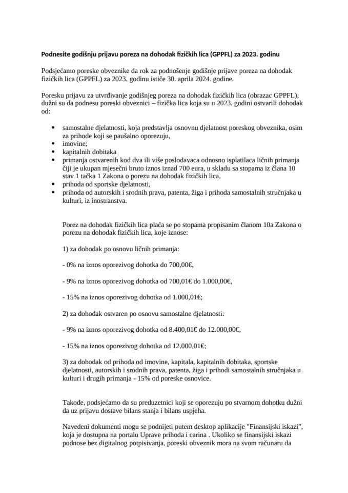 Podnesite godišnju prijavu poreza na dohodak fizičkih lica