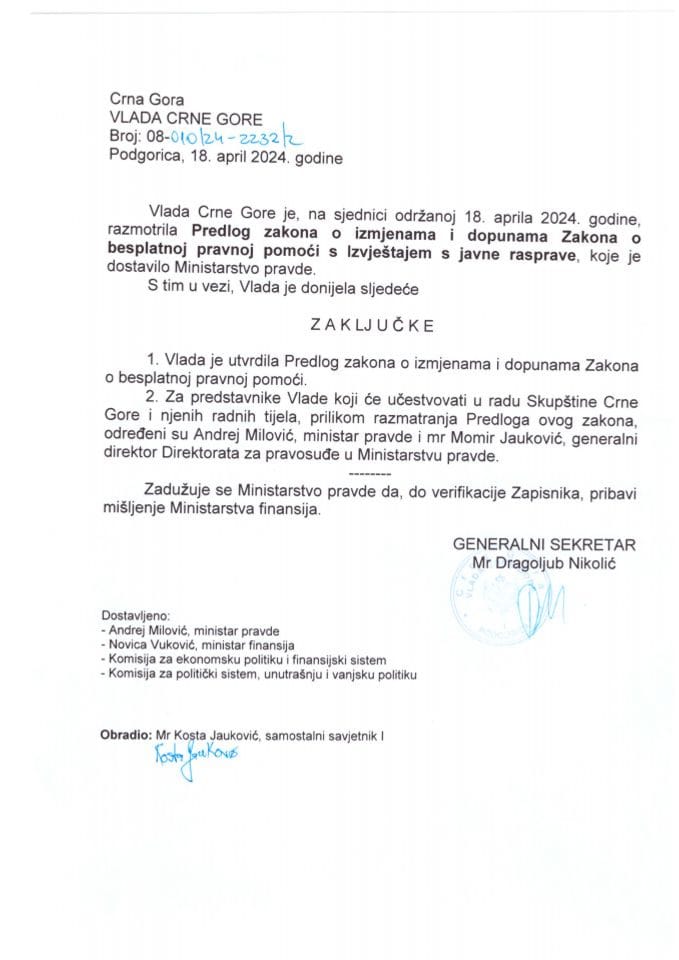 Predlog zakona o izmjenama i dopunama Zakona o besplatnoj pravnoj pomoći s Izvještajem sa javne rasprave - zaključci