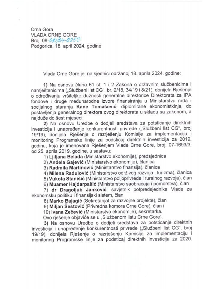 Kadrovska pitanja sa 26. sjednice Vlade Crne Gore - zaključci