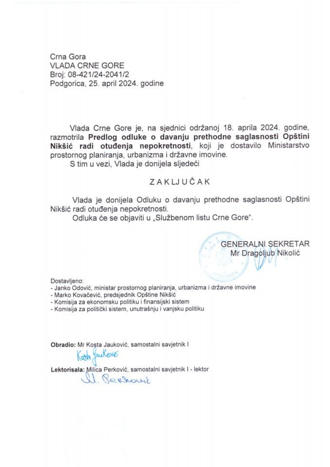 Predlog odluke o davanju prethodne saglasnosti Opštini Nikšić radi otuđenja nepokretnosti (bez rasprave) - zaključci