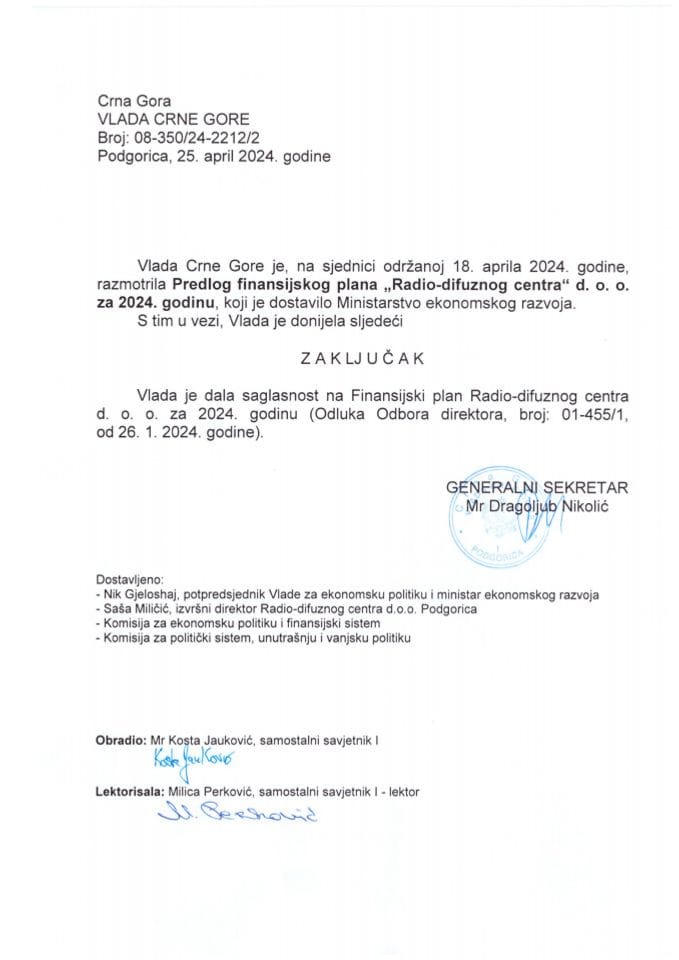 Predlog finansijskog plana „Radio-difuznog centra“ d.o.o. Podgorica za 2024. godinu (bez rasprave) - zaključci